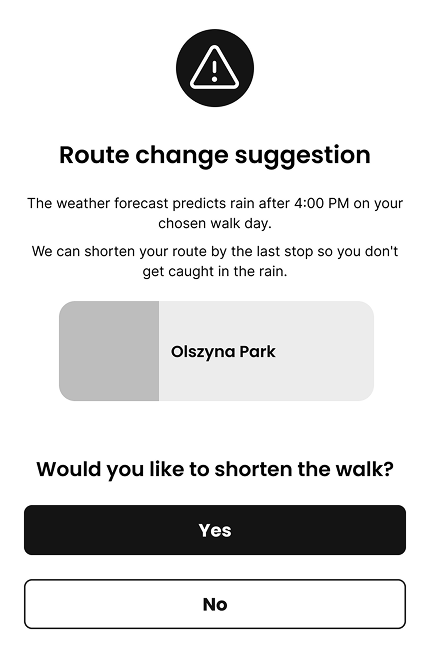 Route change suggestion pop-up