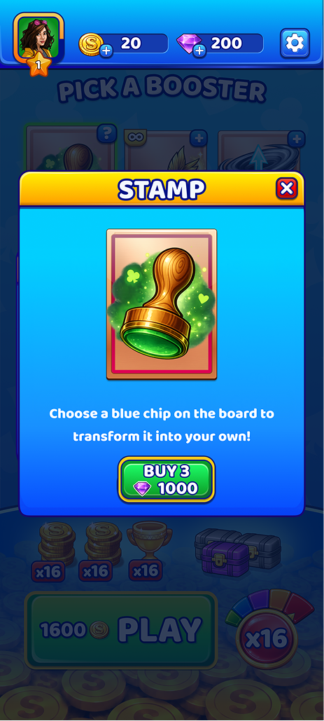 Stamp booster pop-up with buy option